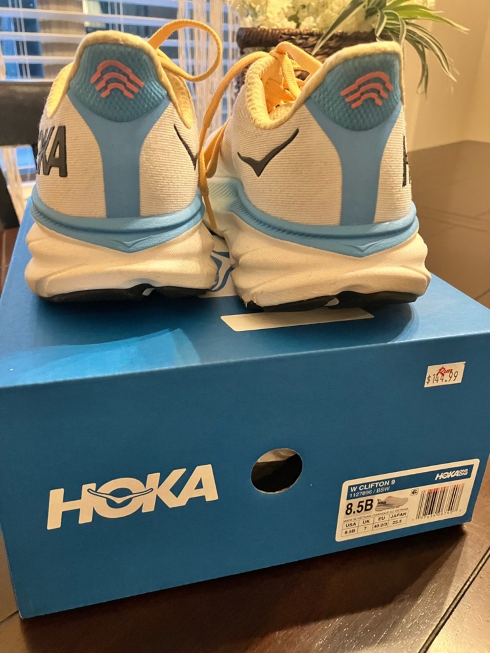 Hoka White, Light Blue & Yellow Running Shoes - Picture 2 of 5